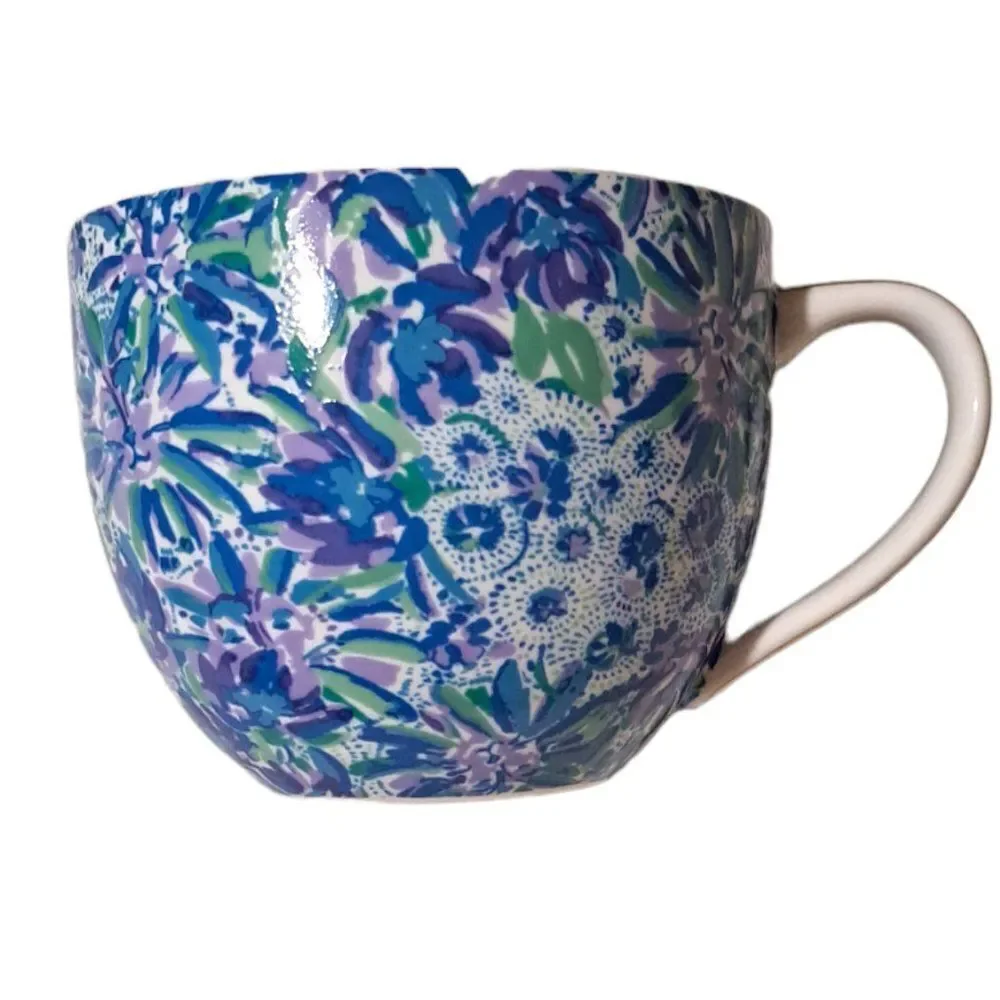 Lilly Pulitzer Floral Gold Blue Multi Ceramic Coffee Mug Cup Dishwasher Safe